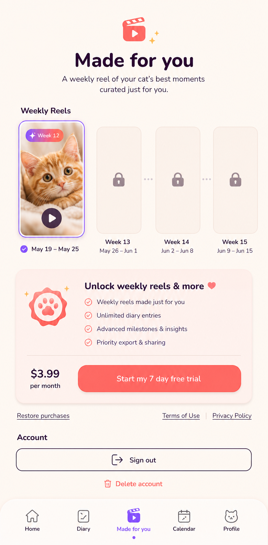 Made for you screen showing weekly reels and the Cat Diary Pro upgrade