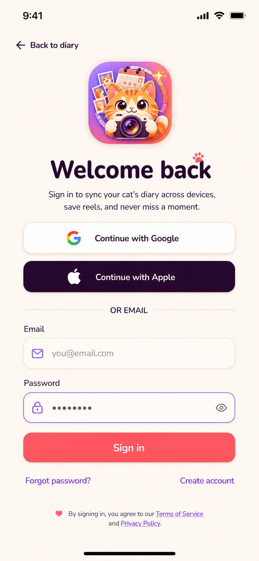 Cat Diary sign-in screen with Google, Apple and email options